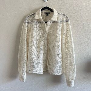 Forever 21 Open Knit Cream Off White Button Up Blouse Floral Women's Size Small
